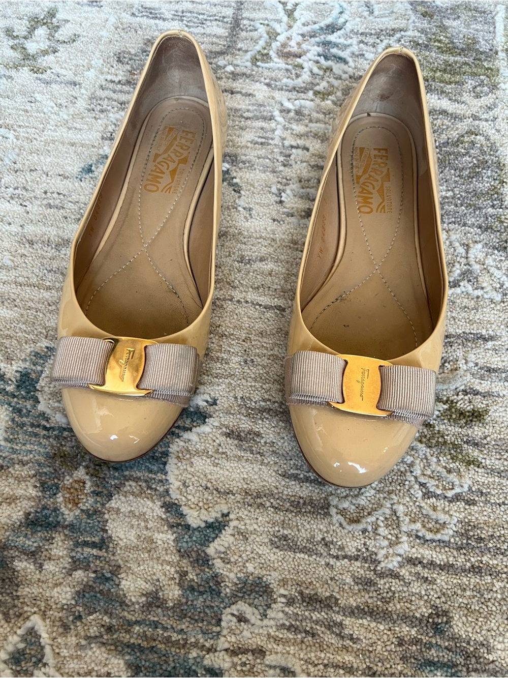 Salvatore Ferragamo Nude Patent Leather Vara Bow Flats